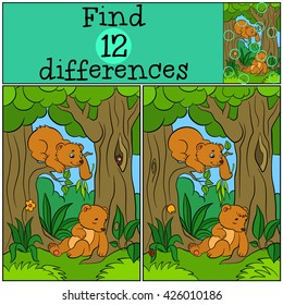 Children games: Find differences. Two little cute baby bears in the forest.