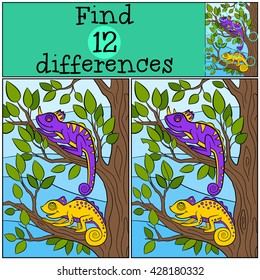 Children games: Find differences. Two little cute chameleons sits on the tree branch and smiles.