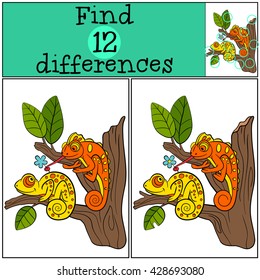 Children games: Find differences. Two little cute chameleons sits on the tree branch and smiles.