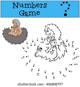 Children games: Number game. Mother hedgehog with little cute baby hedgehog.