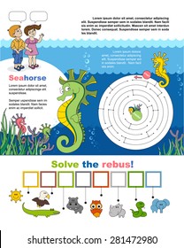 Children games. Page A4 for child. Maze and rebus. Help little seahorse find the way to his friend. Find hidden word Â«seahorseÂ» in the rebus! Task and answer.