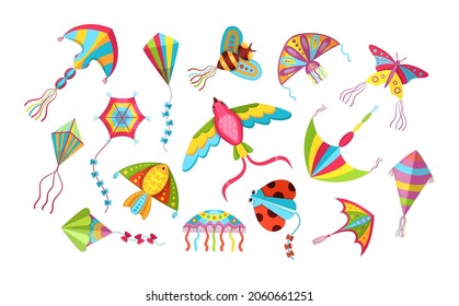 Children games paper flying kites toys set. Flying wind playthings for summer outdoor activity. Bright funny kite strings, tails and ornament. Butterfly, bird, fish, jellyfish and ladybird flat vector