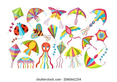 Children games paper flying kites toys set. Flying wind playthings for summer outdoor activity. Bright funny kite strings, tails and ornament. Butterfly, bird, fish, jellyfish and ladybird flat vector