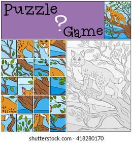 Children games: Puzzle. Cute beautiful lynx stands on the tree branch.