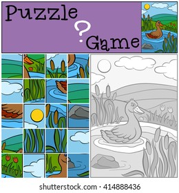 Children games: Puzzle. Cute duck swims in the pond.