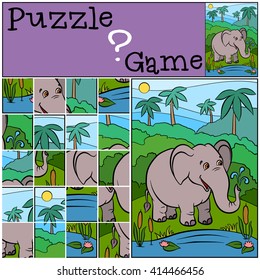 Children games: Puzzle. Cute elephant stands and smiles.