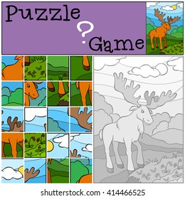 Children games: Puzzle. Cute elk stands in the forest and smiles.