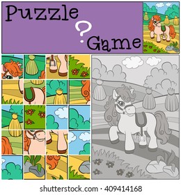 Children games: Puzzle. Little cute pony stands in the field and smiles.