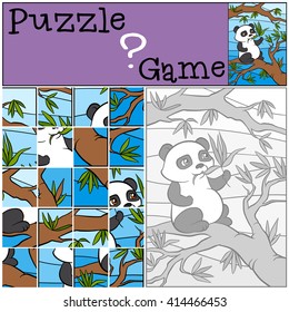 Children games: Puzzle. Little cute panda sits on the tree and eats leaves.