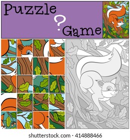 Children games: Puzzle. Little cute squirrel stands on the tree branch.