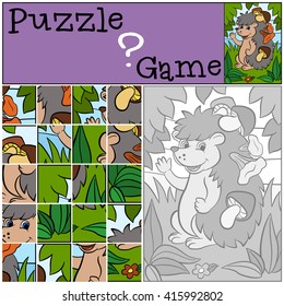 Children games: Puzzle. Little cute hedgehog stands and smiles.