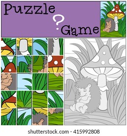 Children games: Puzzle. Little cute hedgehog sleeps near bit toadstool.