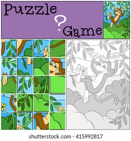 Children games: Puzzle. Little cute monkey holds a flower and smiles.