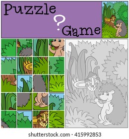 Children games: Puzzle. Little cute hedgehog stands and smiles.