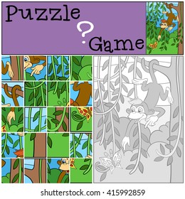 Children games: Puzzle. Little cute monkey looks at the beautiful butterfly.