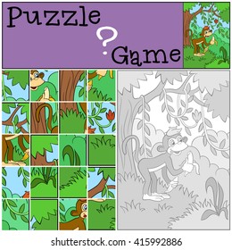 Children games: Puzzle. Little cute monkey holds banana in the hand and smiles.