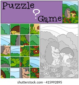 Children games: Puzzle. Little cute hedgehog looks at the mushrooms and smiles.