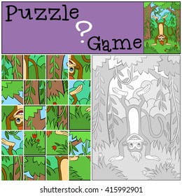 Children games: Puzzle  Little cute monkey stands upside down 
