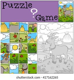 Children games: Puzzle. Little cute goat stands on the field and smiles.