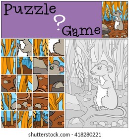 Children games: Puzzle. Little cute mouse looks at the wheat and smiles.