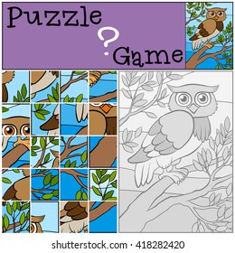 Children games: Puzzle. Little cute owl sits on the tree branch.