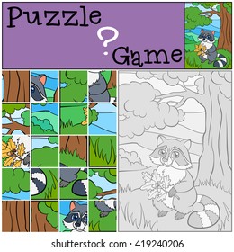 Children games: Puzzle. Little cute raccoon stands and smiles.