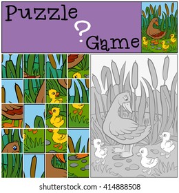 Children games: Puzzle. Mother duck with her little cute ducklings.