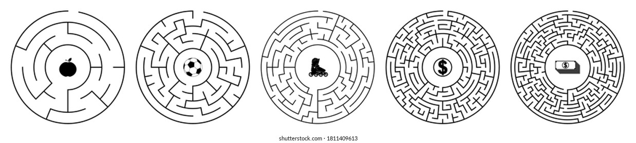 Children games. Set of round mazes, labyrinths with different difficulty levels and prizes inside. Puzzles and games for development of intelligence in child and an adult. Vector