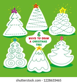children games. six different ways to draw Christmas tree. Use pencil and draw each Christmas tree in specified way. Exercises for developing drawing skills for children. Vector isolated illustration