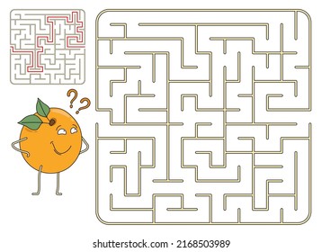 Children games. Square maze labyrinth. Help little apricot find way to home. Puzzles and games for development of intelligence in child and an adult. Vector isolated on white background