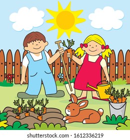 Children in the garden and rabbit, funny vector illustration. Boy With spade and girl with water pot.