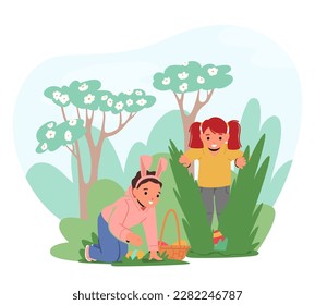 Children In Garden Searching For Hidden Easter Eggs. Excitement Of A Treasure Hunt For Easter-related Events, Family Activities Or Marketing Easter-related Products. Cartoon Vector Illustration