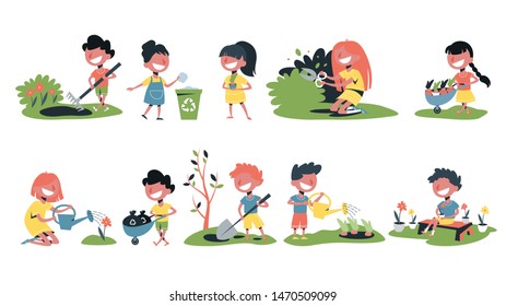 Children in the garden set. Collection of kids gardening. Growing plant and carrying garbage. Isolated vector illustration in cartoon style