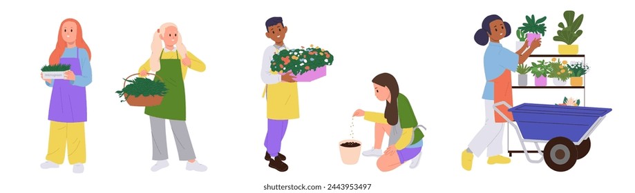 Children gardeners isolated cartoon characters growing herbs, micro greens and home flowers
