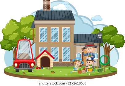 Children gardening at backyard illustration