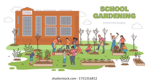 Children gardening outdoors by school building - cartoon banner with kids planting trees, harvesting and watering plants on summer day. Vector illustration.