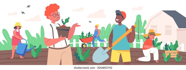Children Gardening Work. Little Gardeners Boys and Girls Planting and Caring of Plants. Happy Kids Characters Working in Summer Garden Watering, Dig, Care of Bushes. Cartoon People Vector Illustration