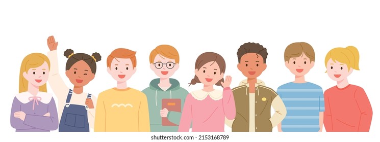 A lot of children are gathered together, looking straight ahead and smiling. flat design style vector illustration.	