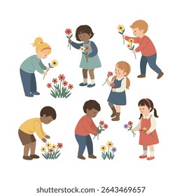 Children gathering flowers in a garden