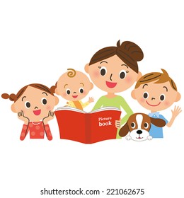 Children Gathering For Mother Reading A Picture Book