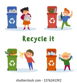 Children Gathering Plastic, Paper, Glass Bottles And Food Waste For Recycling In Cans. Recycle It Text. Ecological, Reuse, Reduce And Go Green Concept. Vector Flat Illustration