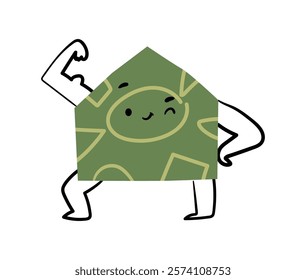 Children geometric character in shape of pentagon with arms and legs. Vector isolated cartoon character showing muscles with smug expression. Funny figure for studying in educational institutions