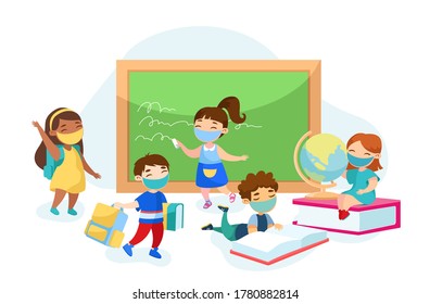 Children Get Education in School during Covid19. Characters in Classroom Write on Blackboard, Read Books. Happy Students with Globe and Textbooks in Class Room. Cartoon People Vector Illustration