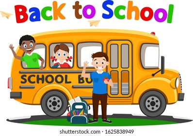 Children get on the school bus on a white. Back to school.