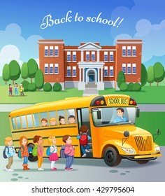 Children get on school bus.Transportation pupil or student, transport and automobile. Vector illustration