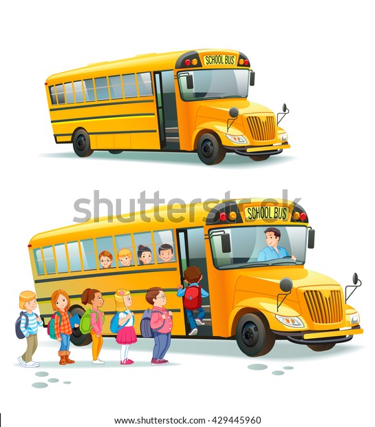 子どもたちはスクールバスに乗ります 交通の生徒や学生 交通 自動車 ベクターイラスト のベクター画像素材 ロイヤリティフリー
