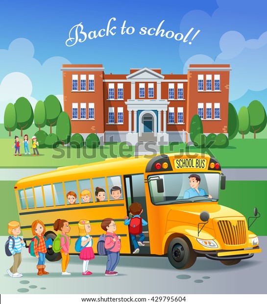 Children get on school\
bus.Transportation pupil or student, transport and automobile.\
Vector illustration