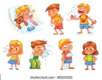 Children get sick. Child has high temperature. Boy hit with hammer on finger. Toothache. Boy's stomach ache. Girl's body rash. Broken limbs. Cold in head. Funny cartoon character. Vector illustration