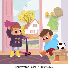 Children Are Getting Dressed Up To Go Out On A Cool Day  In Hallway. Boy Put Winter Snow Boots On, Girl Stand With Scooter Put Wool Winter Hat On