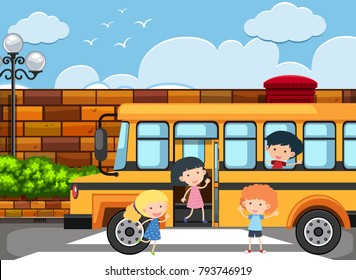 Children getting off the school bus  illustration